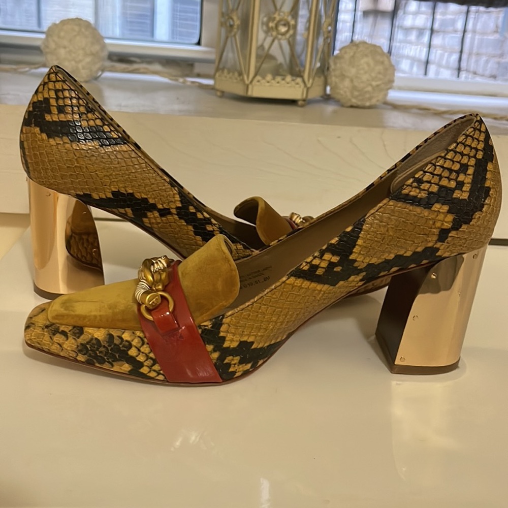 Tory Burch Jessa in velvet and python print leather block heels